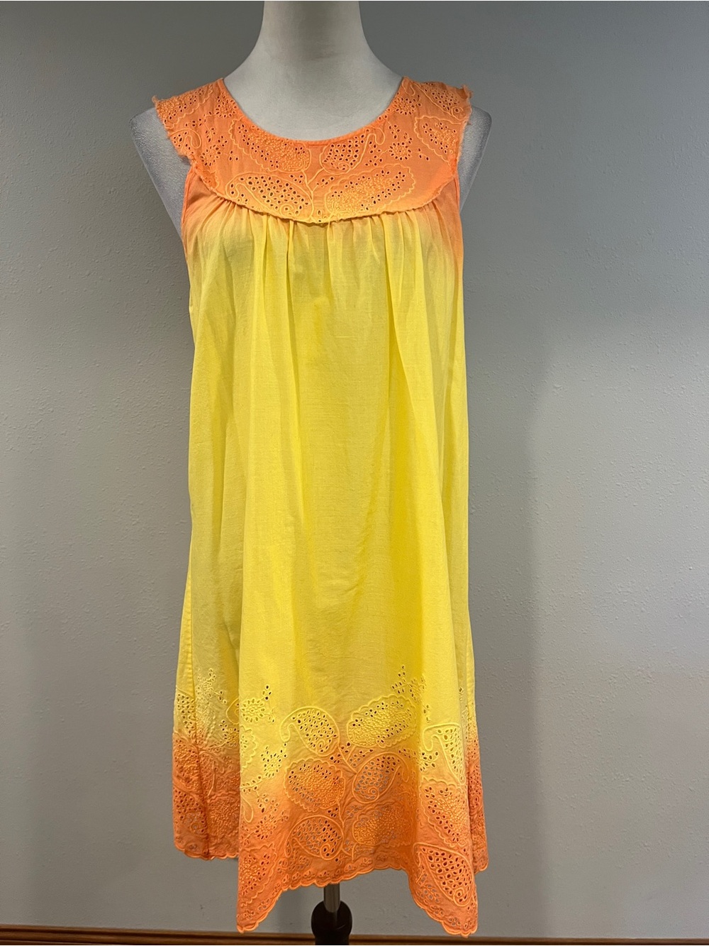 100% cotton Calypsa Yellow to Orange Ombre Eyelet sleeveless mini Dress